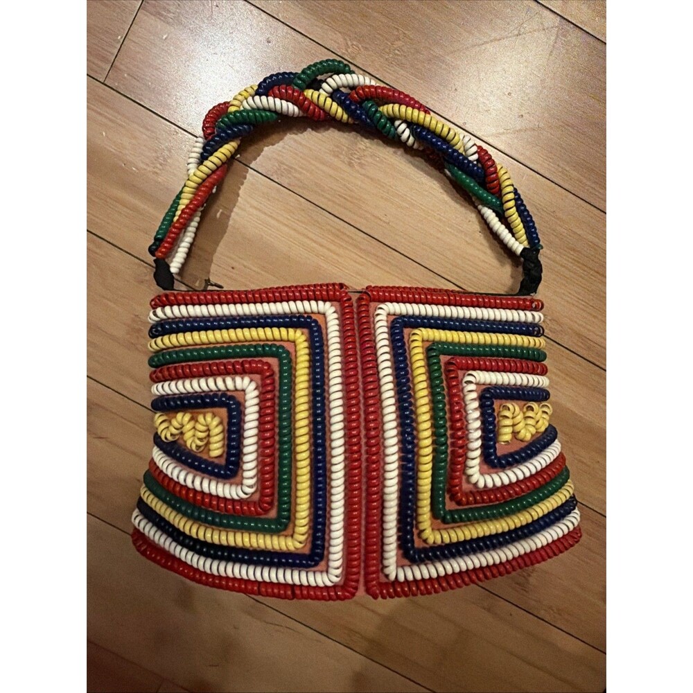 Vintage 1940s Telephone Cord Rainbow Purse Handbag Multicolor Rare 10” X 7”